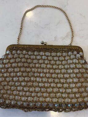 Vintage Gold Beaded Evening purse with Clear Crystal Accents early 1900s